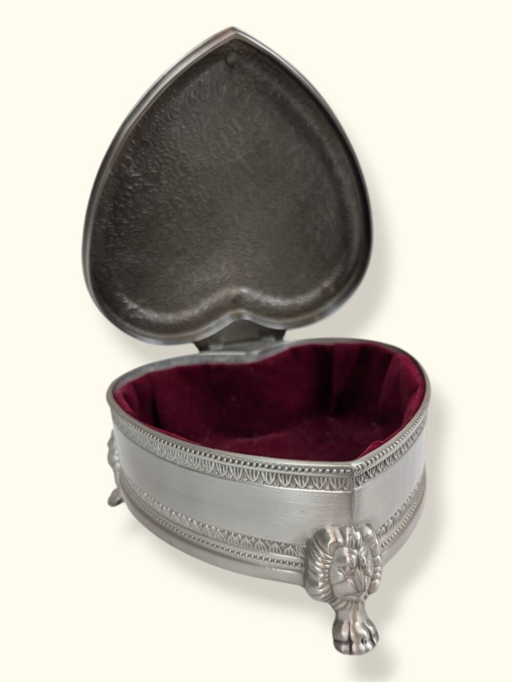 Vintage Brushed Pewter Lined Heart Shaped Trinket Box